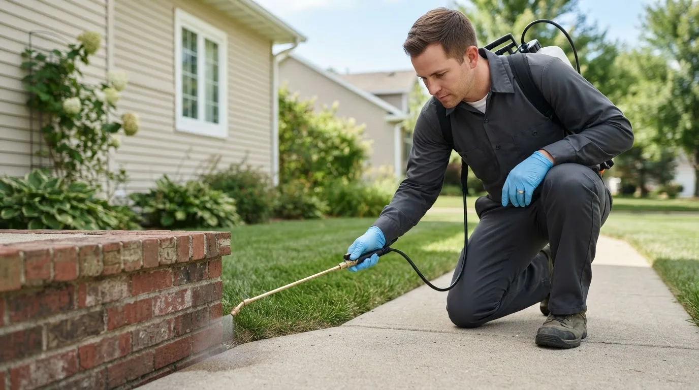 Pest control technician treating a home near Hormigueros, PR